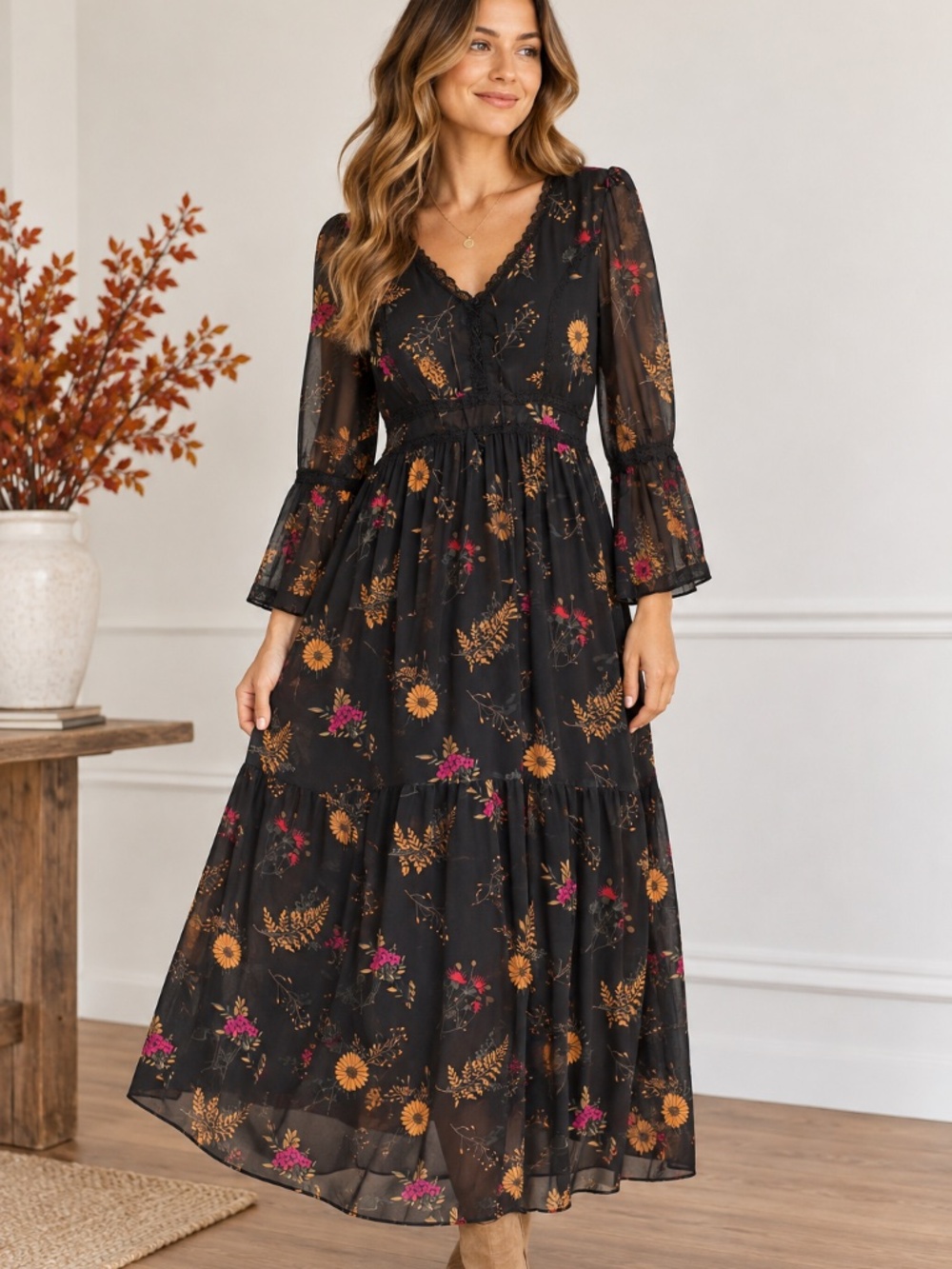 Sowears L Black Navy Maxi Dress Sheer Bell Sleeve Boho Romantic Cottagecore Fall